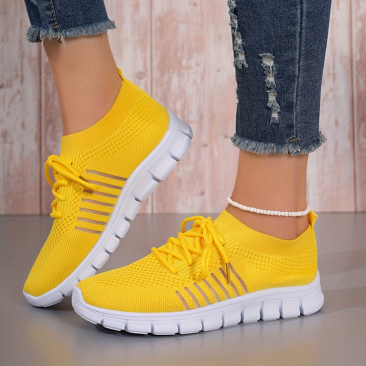Womens All-Season Lace Up Knit Sneakers - Breathable Mesh Upper, Comfortable Fabric Insole, EVA Sole, Versatile Solid Color Running Shoes for Casual Wear
