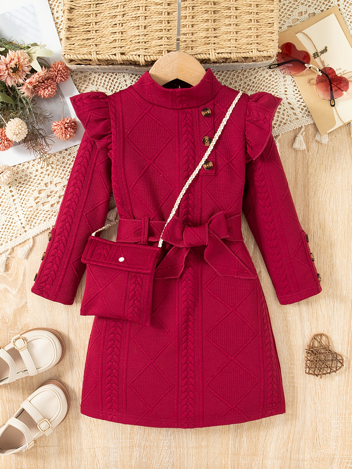 New Spring and Autumn Children's Plain Color Trendy Flying Sleeve Long Sleeve Water Drop Buckle Straight Dress + Belt + Bag