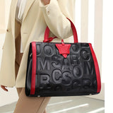 Luxury Genuine Leather Tote Bag, Women's Letter Embossed Handbag, Large Capacity Satchel Purse