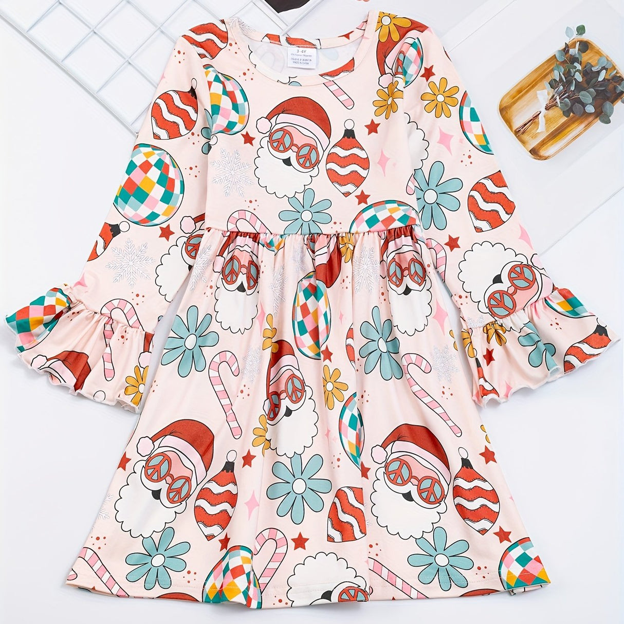 Festive Girls' Christmas Party Dress - Casual & Stretchy Santa Claus & Candy Graphic Kids Clothes for Girls