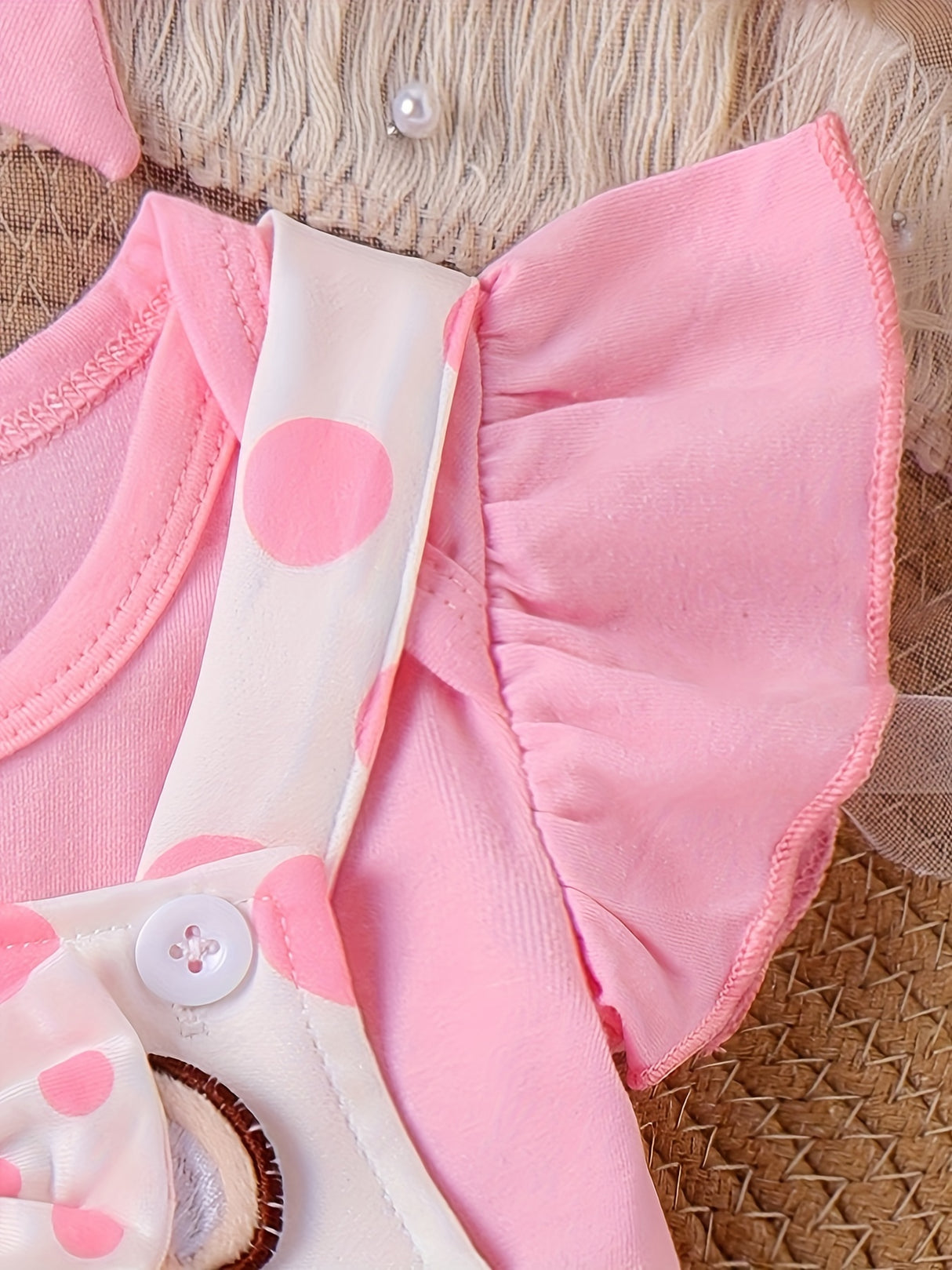 Baby Girl Outfit Summer Lace Short Sleeved + Teddy Bear Strap Skirt +Headknot 3pcs with 0-18Months