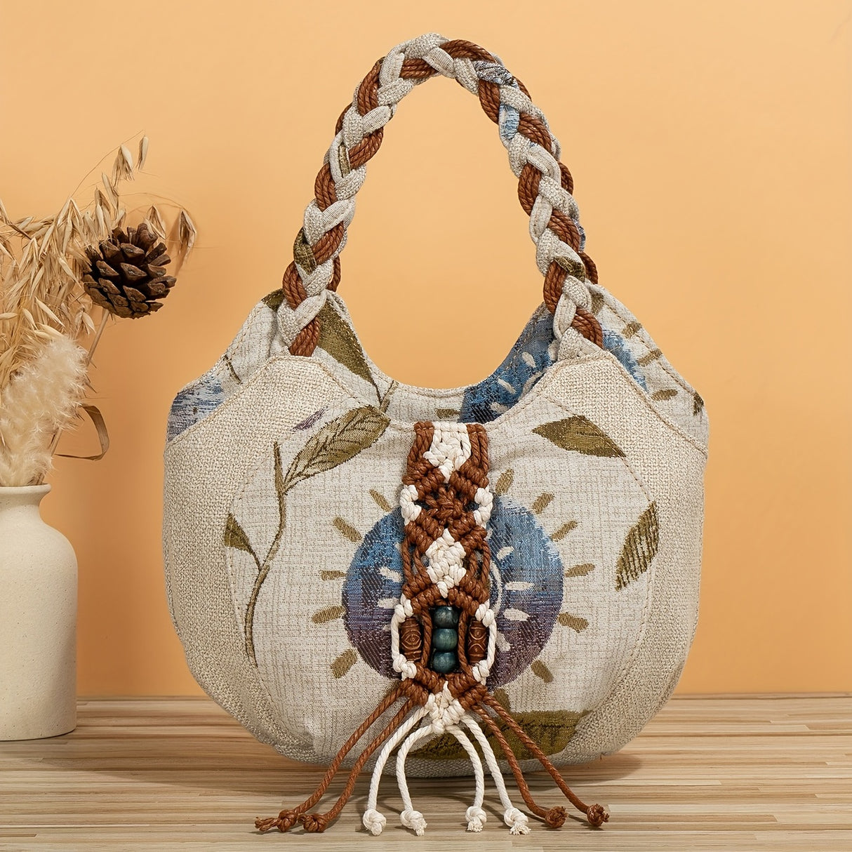 Bohemian Style Handmade Flower Tote Bag, Foldable, Zipper Closure, Fixed Shoulder Strap, with Wristlet, for Vacation