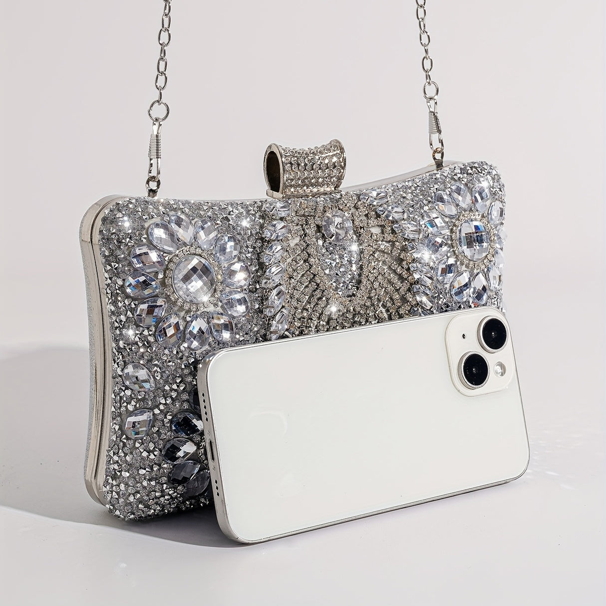 Elegant Silvery Rhinestone Clutch, Women'S Evening Party Handbag with Removable Strap, Crystal Beaded Bridal Wedding Purse, Buckle Closure, Polyester Lined