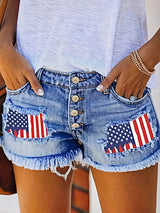 Stylish High-Waisted Ripped Patchwork Denim Shorts - Women Denim Shorts with Light Blue Washed Distressed, Cute American Flag Print, Single-breasted, Independence Day 4th Of July Summer Fashion, Casual Comfortable Shorts for
