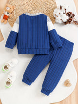 Toddler Boys 2-Piece Outfit, Spring/Autumn Knit Long Sleeve Top with Ribbed Pants, Casual Round Neck, Stretch Polyester, Color Block Design, Elastic Waistband, Baby Clothing Set, For Outdoor