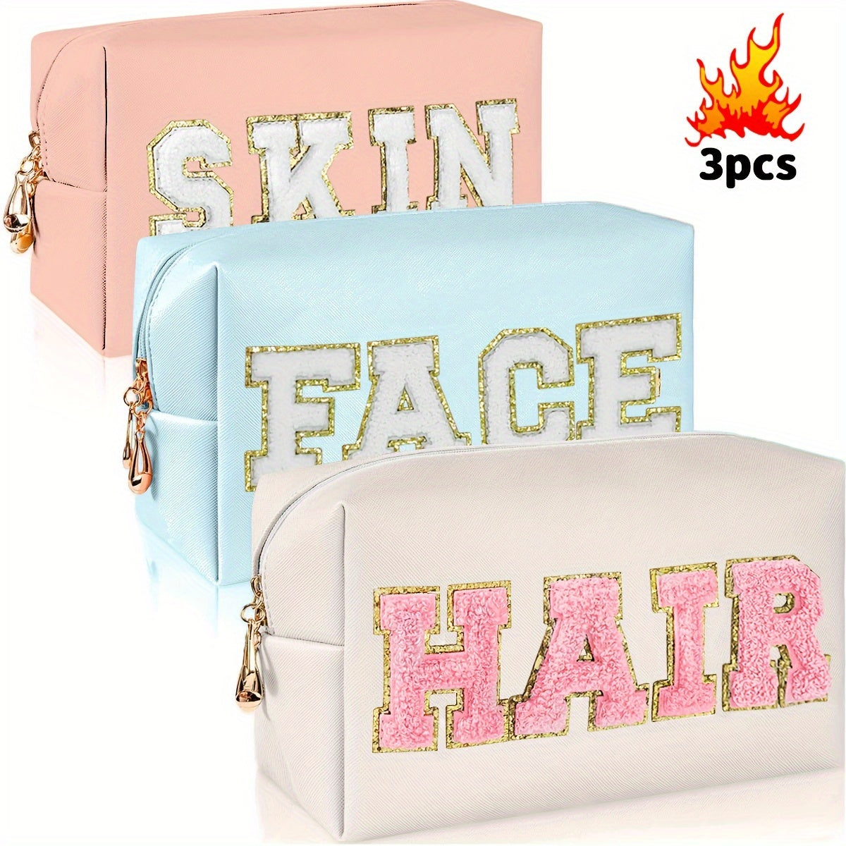 1/3pcs CHENILLE Preppy Makeup Bag for Women Travel Toiletry Bag Chenille Letter Cosmetic Bag PU Leather Waterproof Pouch Cute Zipper Organizer, Skin, Hair and Face