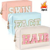 1/3pcs CHENILLE Preppy Makeup Bag for Women Travel Toiletry Bag Chenille Letter Cosmetic Bag PU Leather Waterproof Pouch Cute Zipper Organizer, Skin, Hair and Face