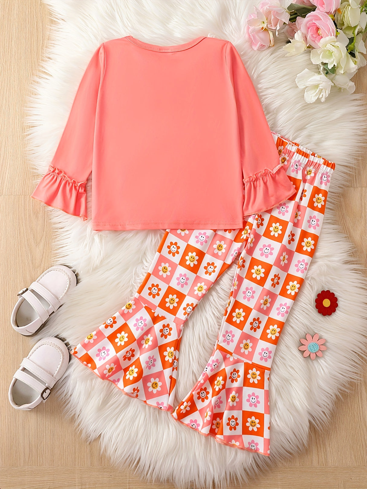 Toddler Girls 2pcs ONLY GOOD VIBES Print Top & Flare Pants Kids Clothes Gift
