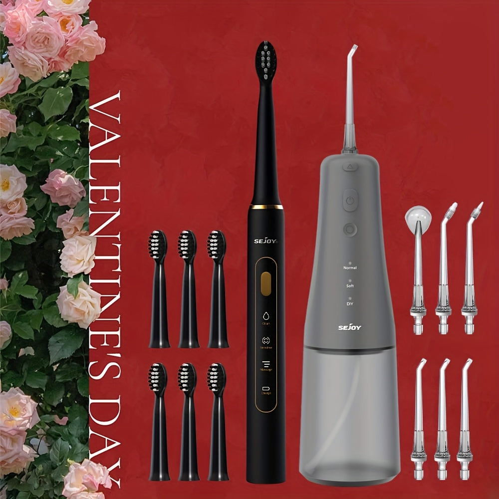 Sleek Cordless Water Flosser & Electric Toothbrush Combo - 11.83oz Large Water Tank, USB Rechargeable, Includes 8 Dental Tips & 7 Brush Replacements, Ergonomic Black Design for Easy Oral Care at Home or Travel, Home Dental Fl