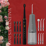 Sleek Cordless Water Flosser & Electric Toothbrush Combo - 11.83oz Large Water Tank, USB Rechargeable, Includes 8 Dental Tips & 7 Brush Replacements, Ergonomic Black Design for Easy Oral Care at Home or Travel, Home Dental Fl