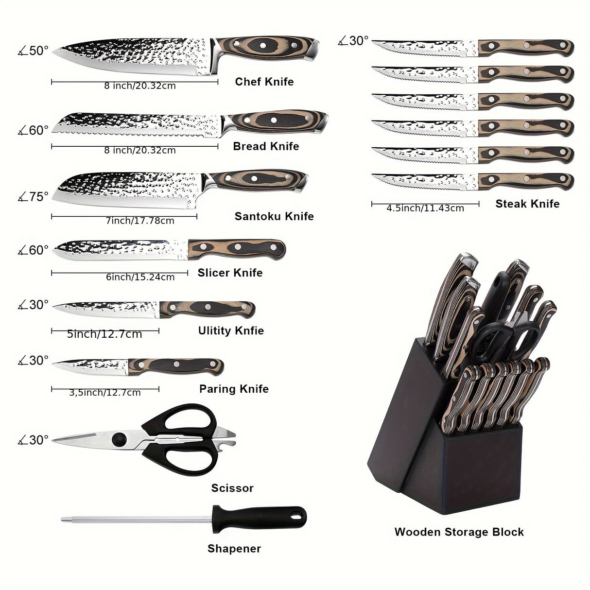 15-Piece Premium Kitchen Knife Set - Ultra Sharp High Carbon Japanese Stainless Steel Full-Tang Design with Irregular Hammer Pattern and Wooden Block Storage - Durable, Rust-Resistant, and Easy to Clean