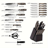 15-Piece Premium Kitchen Knife Set - Ultra Sharp High Carbon Japanese Stainless Steel Full-Tang Design with Irregular Hammer Pattern and Wooden Block Storage - Durable, Rust-Resistant, and Easy to Clean