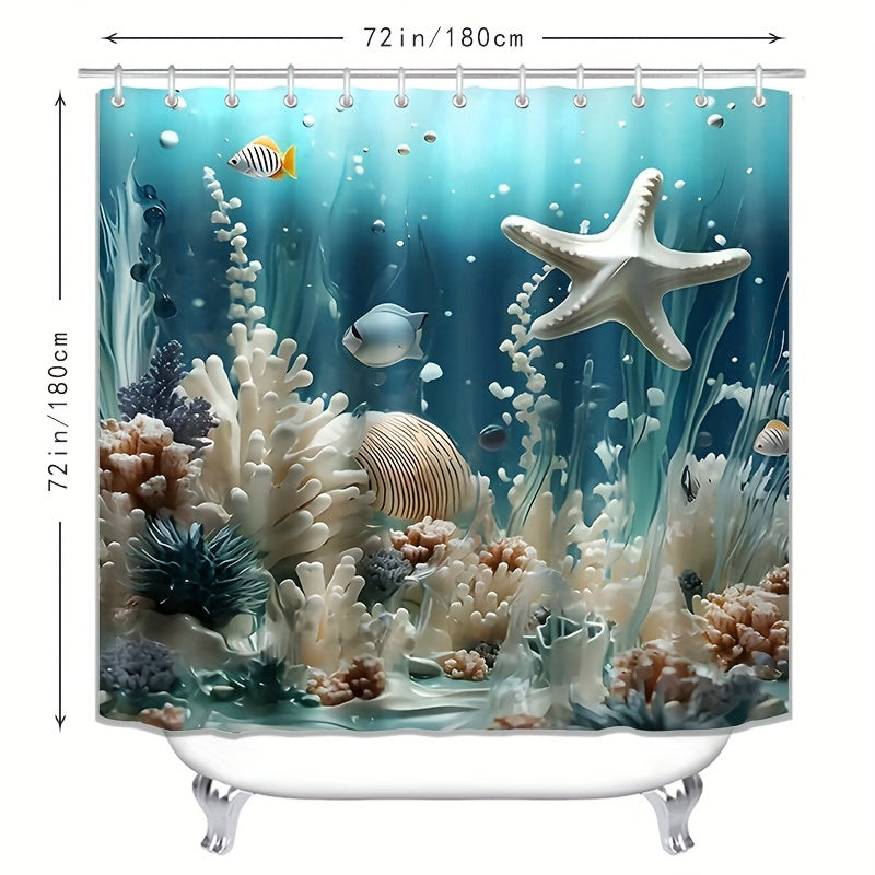 1/4pcs Ocean Breeze Blue Coral Print Shower Curtain Set - Water-Resistant, Non-Slip, Decorative Bathroom Essentials With 12 Hooks - Polyester, Unlined, Grommet Top, Woven Weave, All-Season Bathroom Accessories For Home Decora