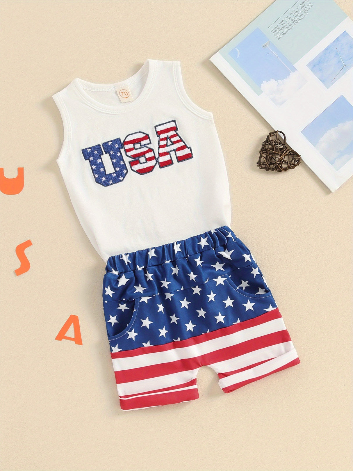 4th of July Toddler Boys Outfits Fuzzy Letter Embroidered Tank Tops and Stripe Stars Print Shorts 2pcs Clothes Set, Perfect for Outdoor