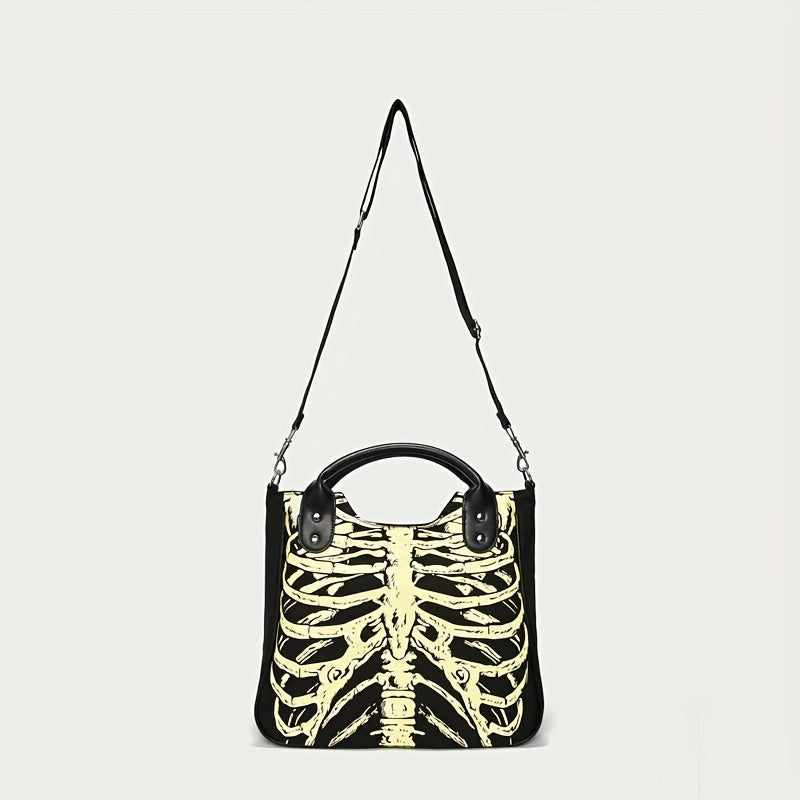 Halloween Skeleton Print Handbag, Luminous Horror Night Canvas Crossbody Bag, Gothic Ghost Skull Elf Tote Bag - Perfect for Carnival Mardi Gras Music Festival