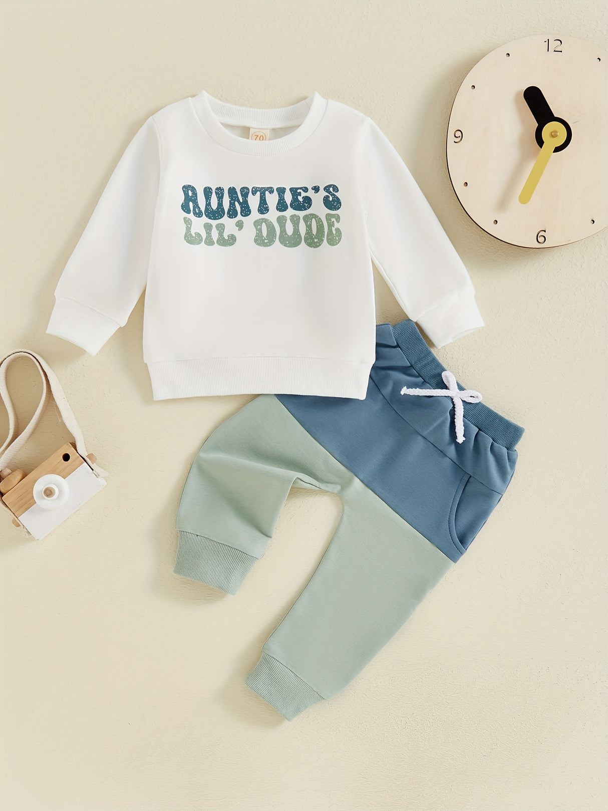 1 Set Toddler Boys Cotton Blend Casual Outfit - Long Sleeve Round Neck Top with Alphabet Print & Contrast Color Pants with Pockets, Regular Fit Knit Fabric for Fall/Winter, for Outdoor