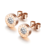 Chic Stainless Steel Roman Numeral Stud Earrings with Sparkling Zirconia - Rose Golden Plated, Perfect for Everyday & Party Wear