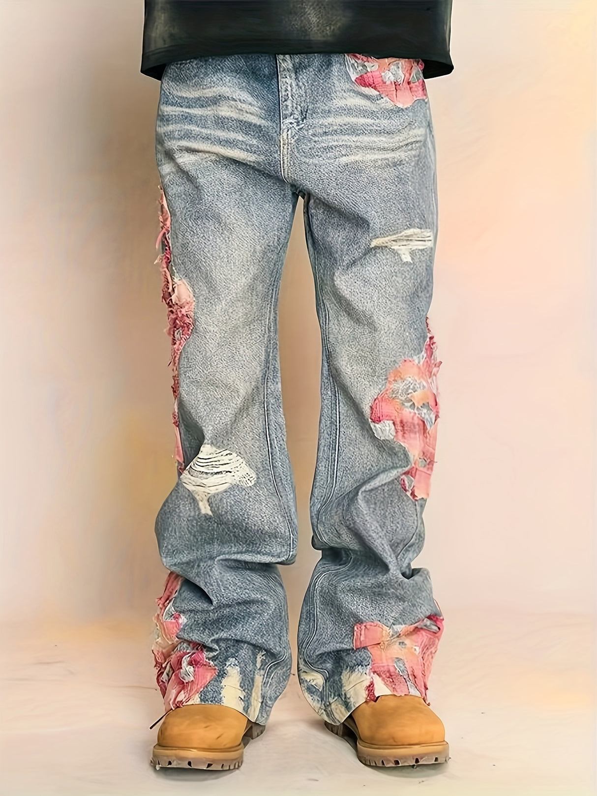 High Street Hip-hop Flared Jeans For Men And Women Summer Street Design LaceSplicing Mopping Pants