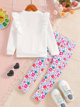Girls 2pc, Flutter Trim Long Sleeve Pullover + Flora Pants Kids Clothes For Spring Fall