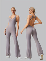 [Removable Padded Bra Workout Jumpsuits] Women Workout Fashion Flare Sleeveless Jumpsuits with Removable Padded Bra Hight Stretch Sportswear for Outdoor Activities (Black Brown Linen Dark blue)