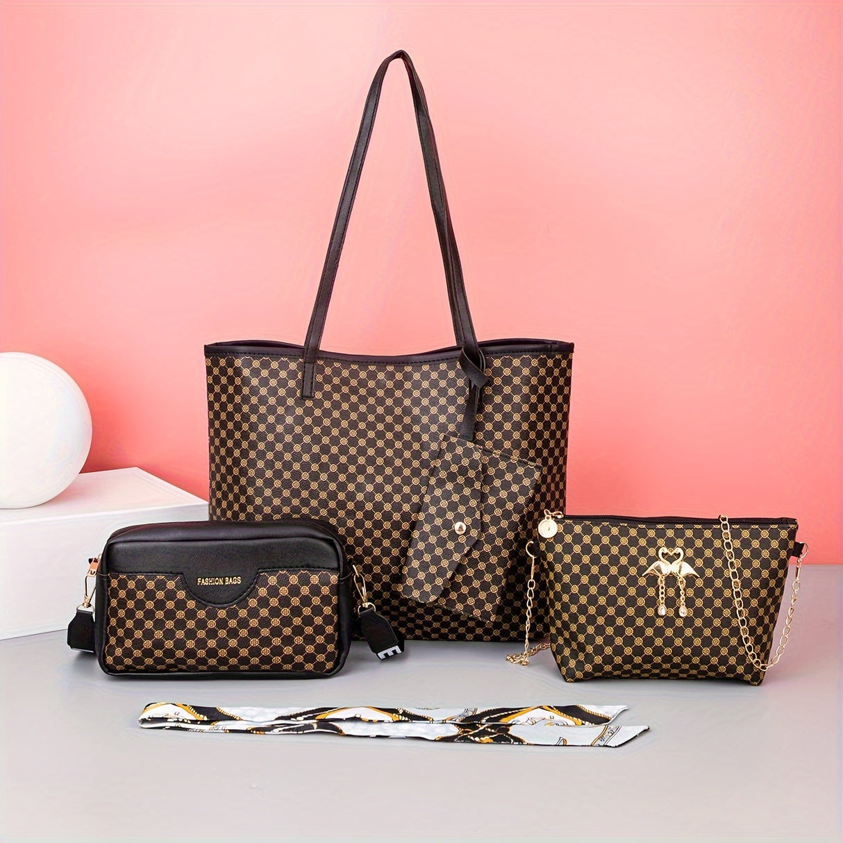 Quilted Detail Tote Bag Set: Classic Shoulder Chain Bag, Crossbody Purse with Scarf Decor