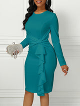 Long Sleeve Solid Ruffle Trim Belted Elegant Dress for Spring & Fall, Women's Clothing