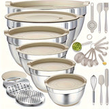 Mixing Bowls With Airtight Lids Set, 26PCS Stainless Steel Khaki Bowls With Grater Attachments, Non-Slip Bottoms & Kitchen Gadgets Set, Size 7, 4, 2.5, 2.0, 1.5, 1QT, Great For Mixing & Serving