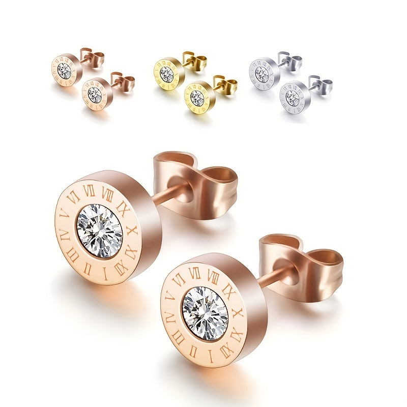 Chic Stainless Steel Roman Numeral Stud Earrings with Sparkling Zirconia - Rose Golden Plated, Perfect for Everyday & Party Wear