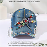 Fashion-Forward Rhinestone Dragonfly Denim Dad Hat - Blue Washed & Distressed - Sun-Protective Baseball Cap for Women