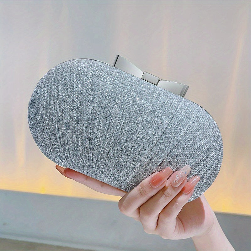 Elegant Glitter Bow Knot Clutch Bag - Buckle Closure, Polyester Lining, Metal Chain Strap, Solid Color, Perfect for Party and Dinner Events - Stylish and Versatile Evening Handbag