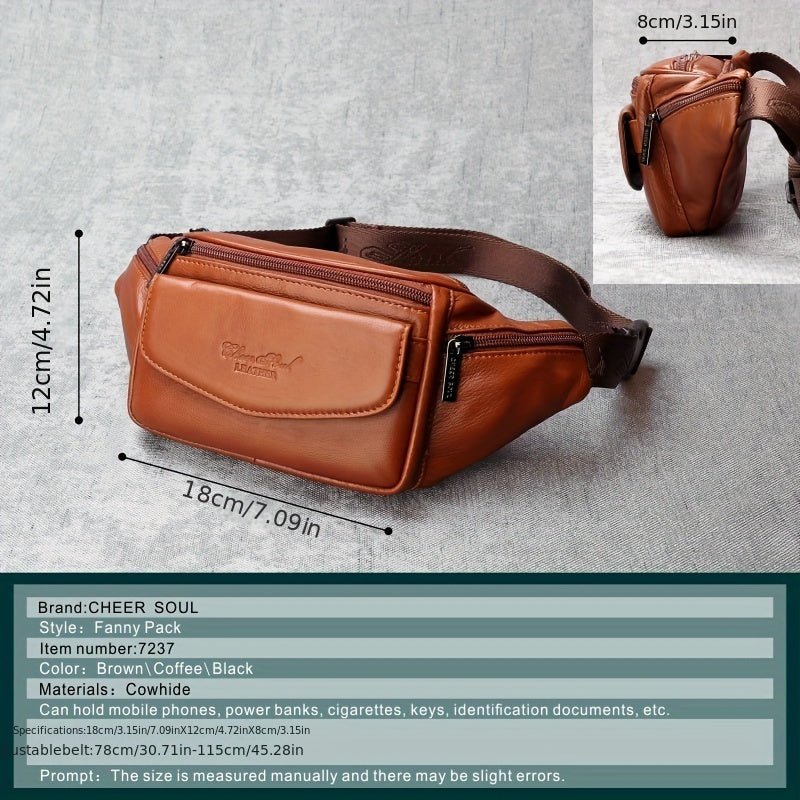 Classic Fanny Pack Genuine Leather Waist Bag For Men & Women, Fashionable Top Layer Cowhide Multi-Pocket Waist Belt Bag For Travel Hiking Cycling Fishing Running