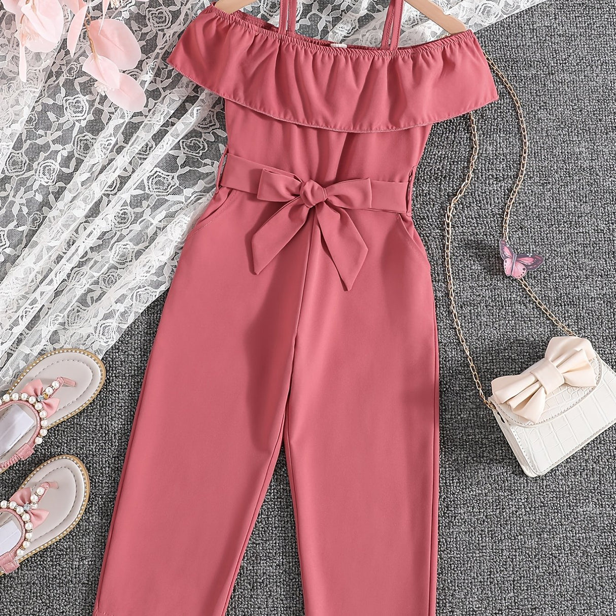Girls Ruffle Cami Romper Belt Off Shoulder Elegant Summer Spring Autumn Kids Clothes