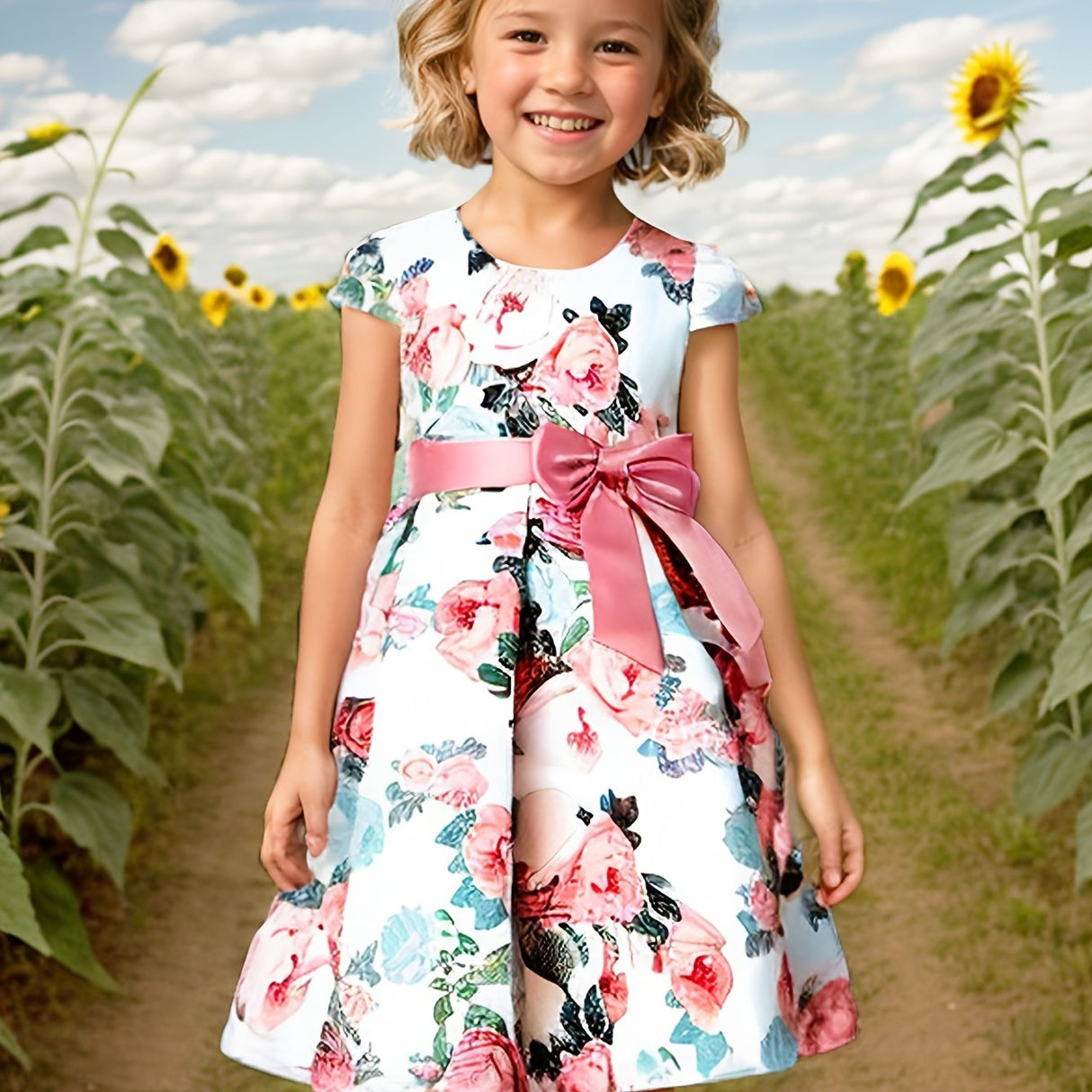 Girls Elegant Floral Pattern Dress Short Sleeves Dresses Kids Clothes For Winter Fall Christmas Gift Party