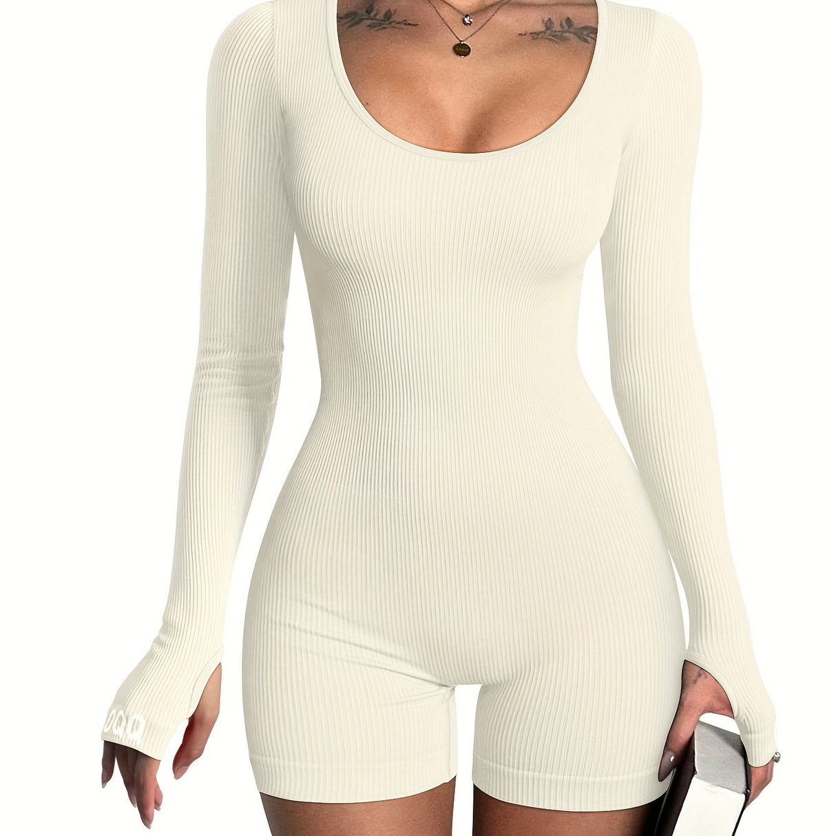[Long Sleeve Workout Rompers] OQQ Women Yoga Rompers Ribbed Workout Long Sleeve Round Neck Exercise Jumpsuits Rompers