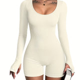 [Long Sleeve Workout Rompers] OQQ Women Yoga Rompers Ribbed Workout Long Sleeve Round Neck Exercise Jumpsuits Rompers