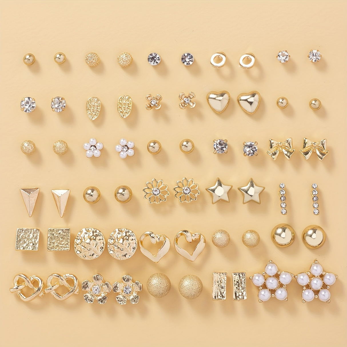 30 Pairs Bowknot Faux Pearl Heart Flower Water Drop Star Metal Simple Earrings Set