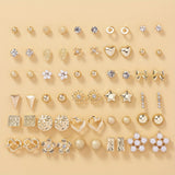 30 Pairs Bowknot Faux Pearl Heart Flower Water Drop Star Metal Simple Earrings Set