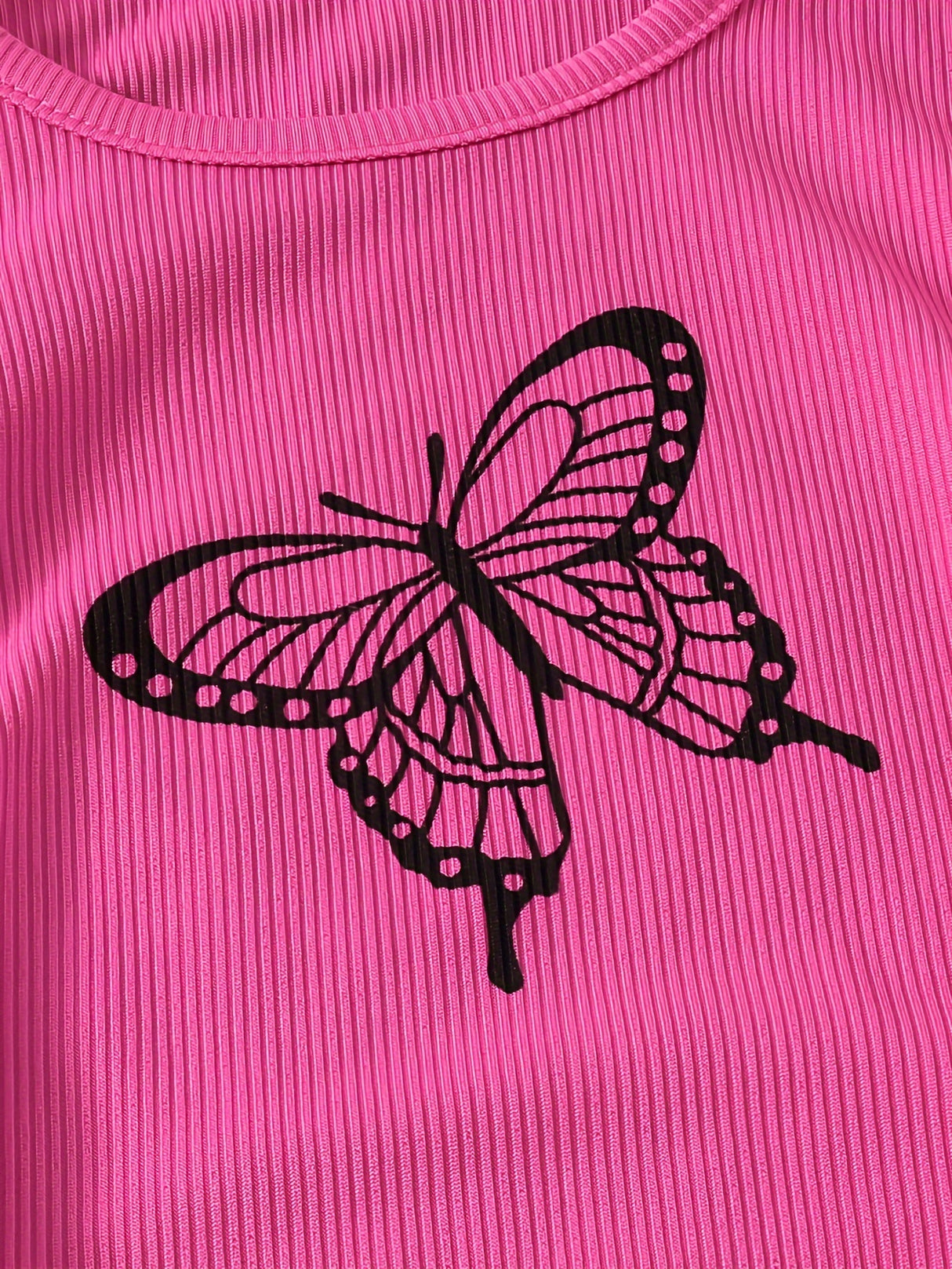 Girl's Trendy 2pcs, Drawstring T-shirt & Skirt Set, Butterfly Print Ribbed Short Sleeve Top, Casual Outfits, Kids Clothes For Summer