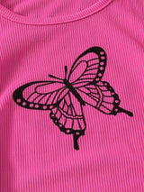 Girl's Trendy 2pcs, Drawstring T-shirt & Skirt Set, Butterfly Print Ribbed Short Sleeve Top, Casual Outfits, Kids Clothes For Summer