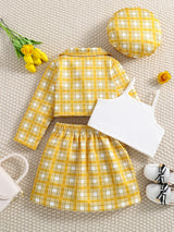 Girl's Trendy 4pcs, Long Sleeve Blazer & Beret Hat & Camisole & Skirt Set, Plaid Print Casual Outfits, Kids Clothes For Spring Summer