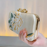 Flower Embroidery Pearl Chain Clutch Bag, Elegent Textured Metal Frame Bag, Classic Celebrity Dinner Evening Bag
