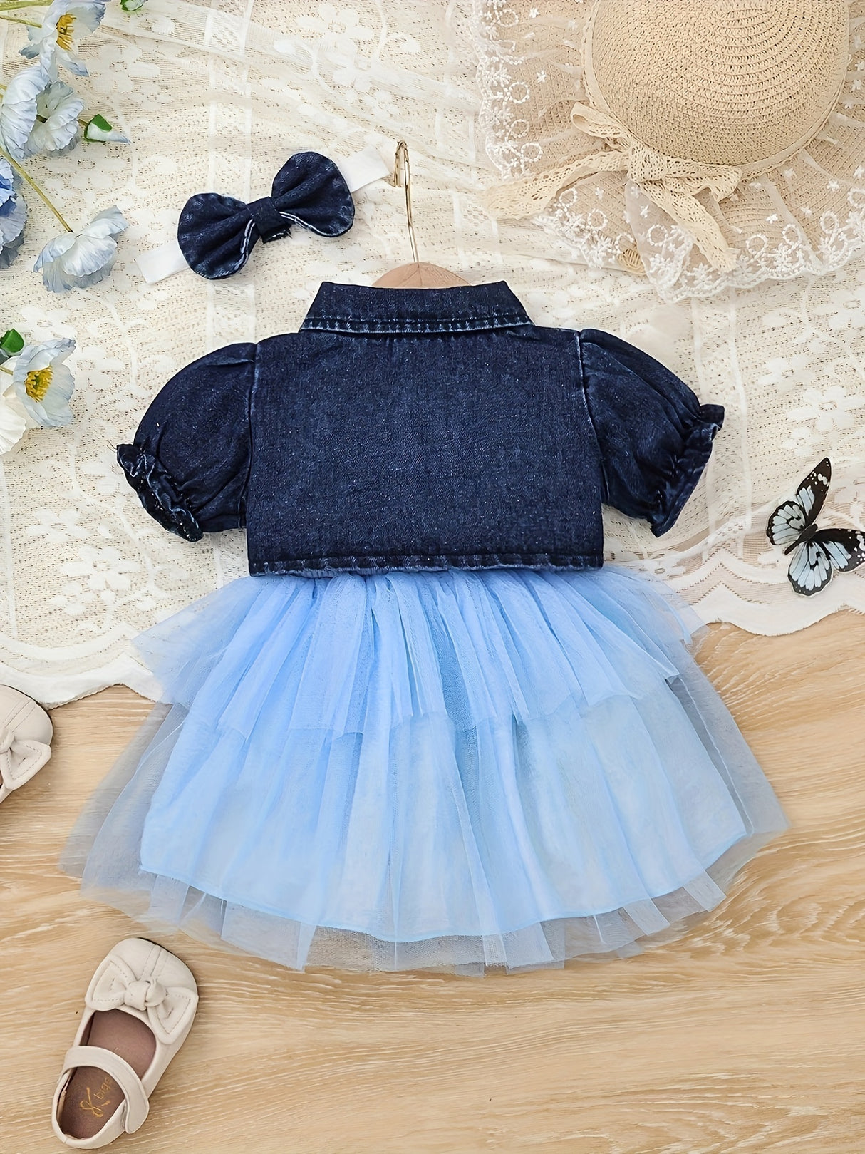 Baby Girl Outfit Denim Head Knot+Denim Short -Sleeved Jacket+Sling Mesh Skirt with 3 - 24 Months, Perfect for Outdoor