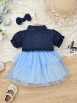 Baby Girl Outfit Denim Head Knot+Denim Short -Sleeved Jacket+Sling Mesh Skirt with 3 - 24 Months, Perfect for Outdoor