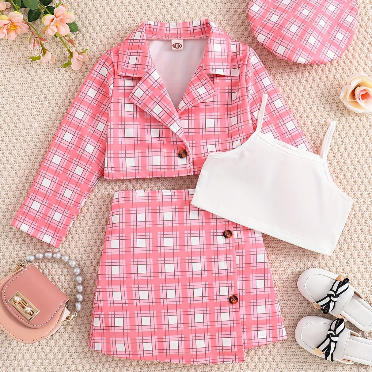 Girl's Trendy 4pcs, Long Sleeve Blazer & Beret Hat & Camisole & Skirt Set, Plaid Print Casual Outfits, Kids Clothes For Spring Summer