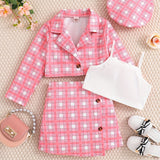 Girl's Trendy 4pcs, Long Sleeve Blazer & Beret Hat & Camisole & Skirt Set, Plaid Print Casual Outfits, Kids Clothes For Spring Summer