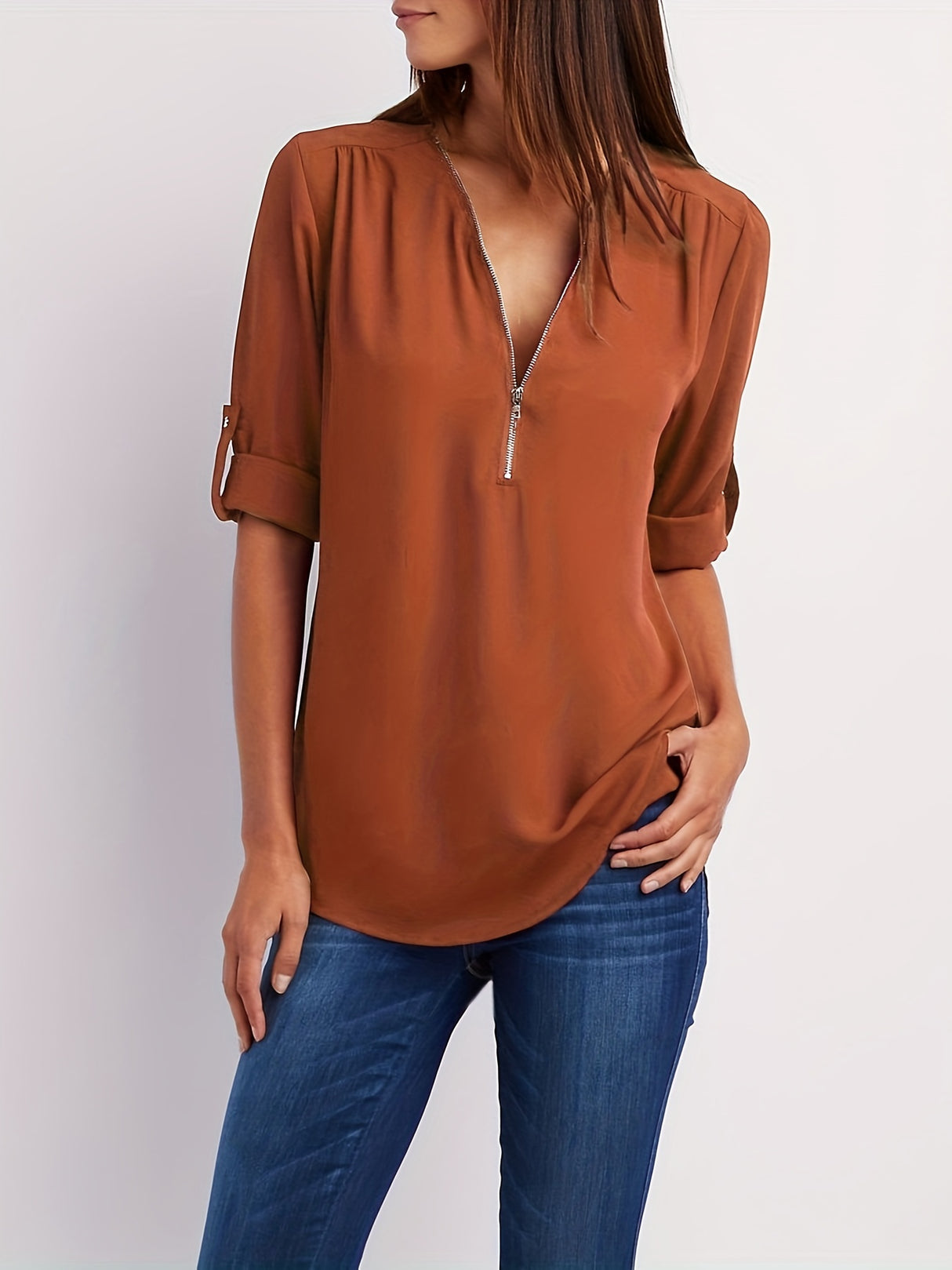 Solid V Neck Blouse, Casual Ruched Rollable Sleeve Half Zip Blouse, Women's Clothing