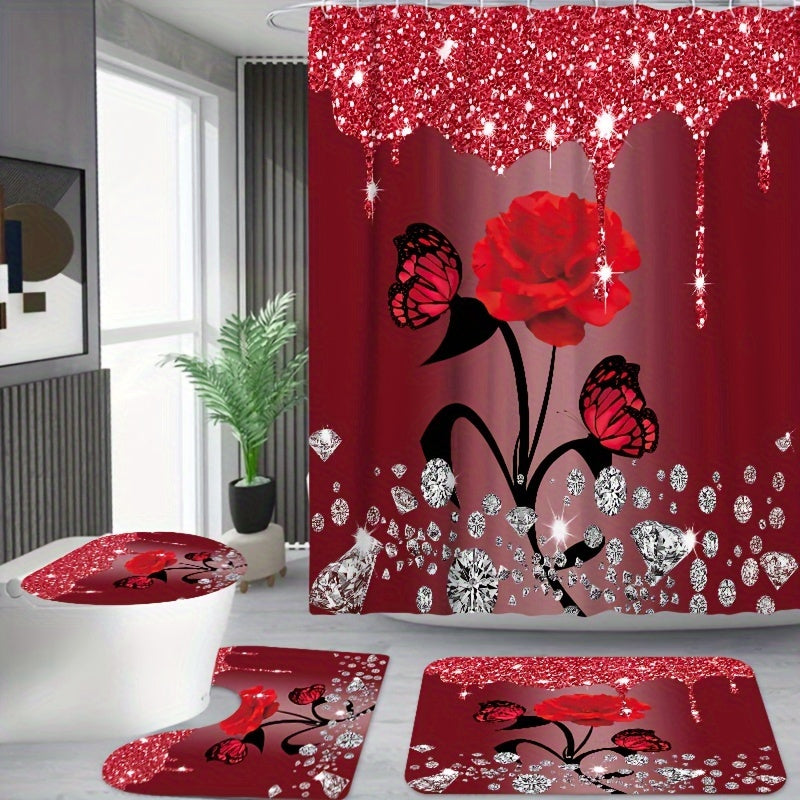 1/3/4pcs Diamond Butterfly Rose Pattern Shower Curtain Set - Waterproof, Non-Slip, Decorative Bathroom Essentials with Bath Mat, Toilet Cover Pad, U-Shaped Mat, and Hooks - Complete Home Bathroom Decor Solution