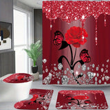 1/3/4pcs Diamond Butterfly Rose Pattern Shower Curtain Set - Waterproof, Non-Slip, Decorative Bathroom Essentials with Bath Mat, Toilet Cover Pad, U-Shaped Mat, and Hooks - Complete Home Bathroom Decor Solution