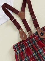 Baby Boy Christmas Outfit, Long Sleeve Romper with Plaid Overall Pants and Vest Infant Outfit