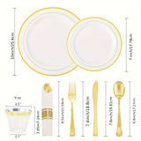 350pcs Golden Plastic Plates with Disposable Silverware and Cups Include:50 Dinner Plates 50 Dessert Plates 50 Golden Rim Cups 9 OZ 50 Golden Cutlery